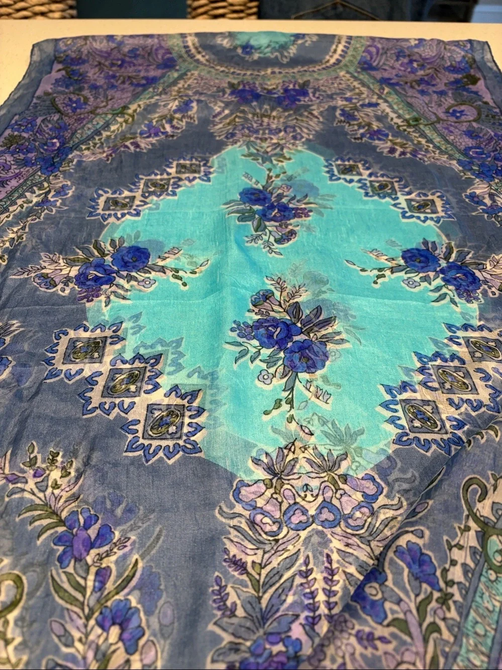 Blue & Teal Pure Silk Floral Paisley Scarf